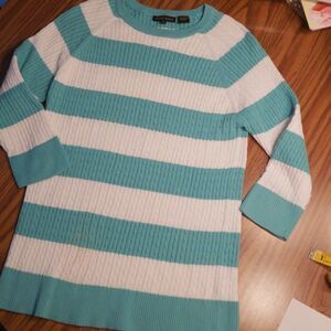 Jeanne Pierre teal/white striped cable sweater